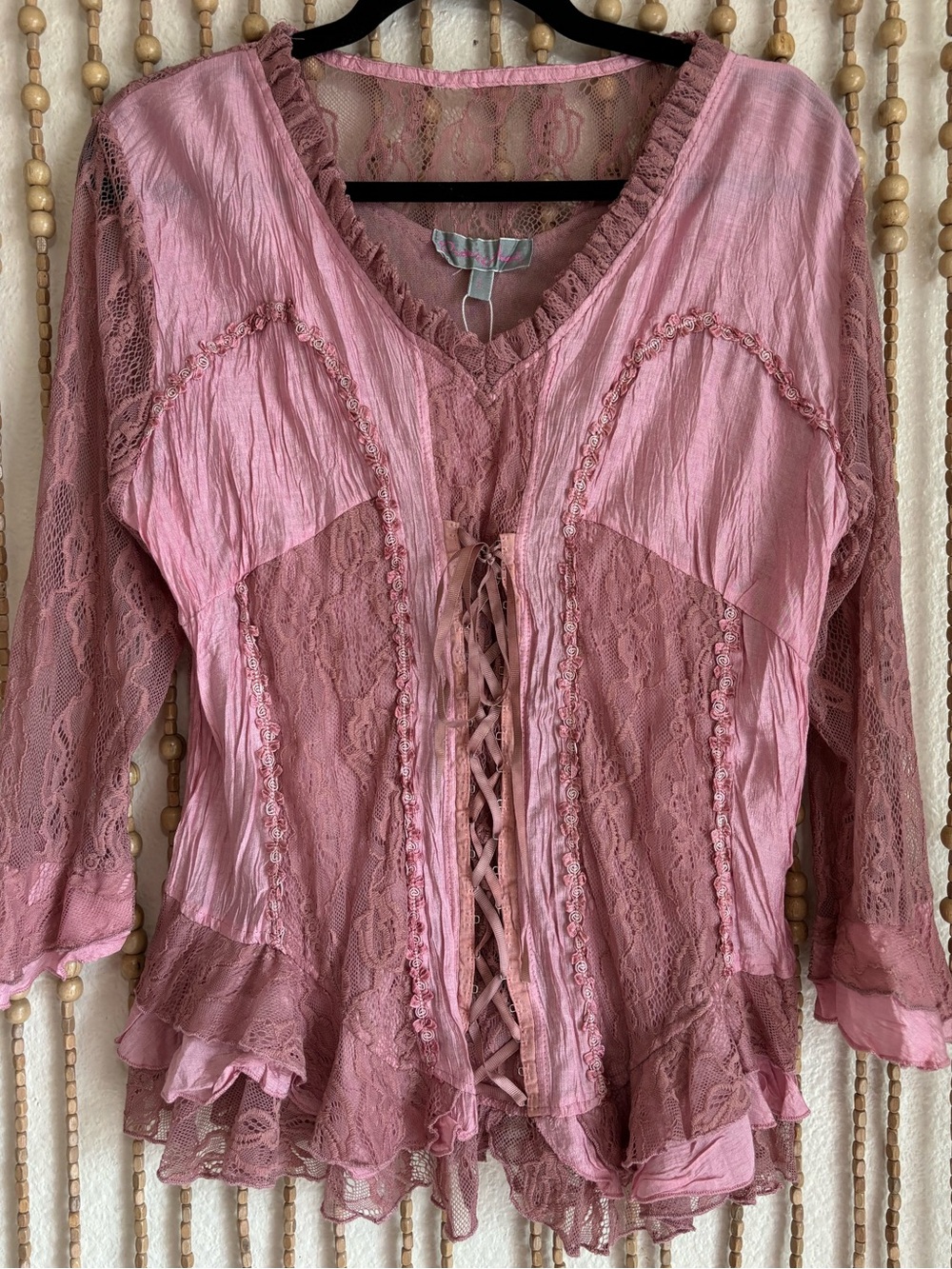 Pretty Angel Y2K Vintage Pink Silk Corset Floral Lace Up Ruffle Hem Romantic Top